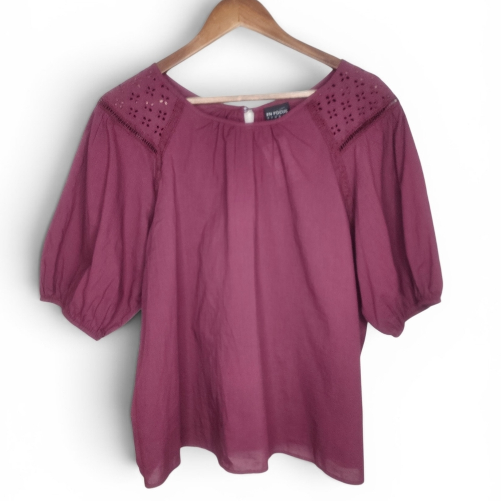 Enfocus Studio Eyelet Shoulder Puff Sleeve Top in Plum Size L